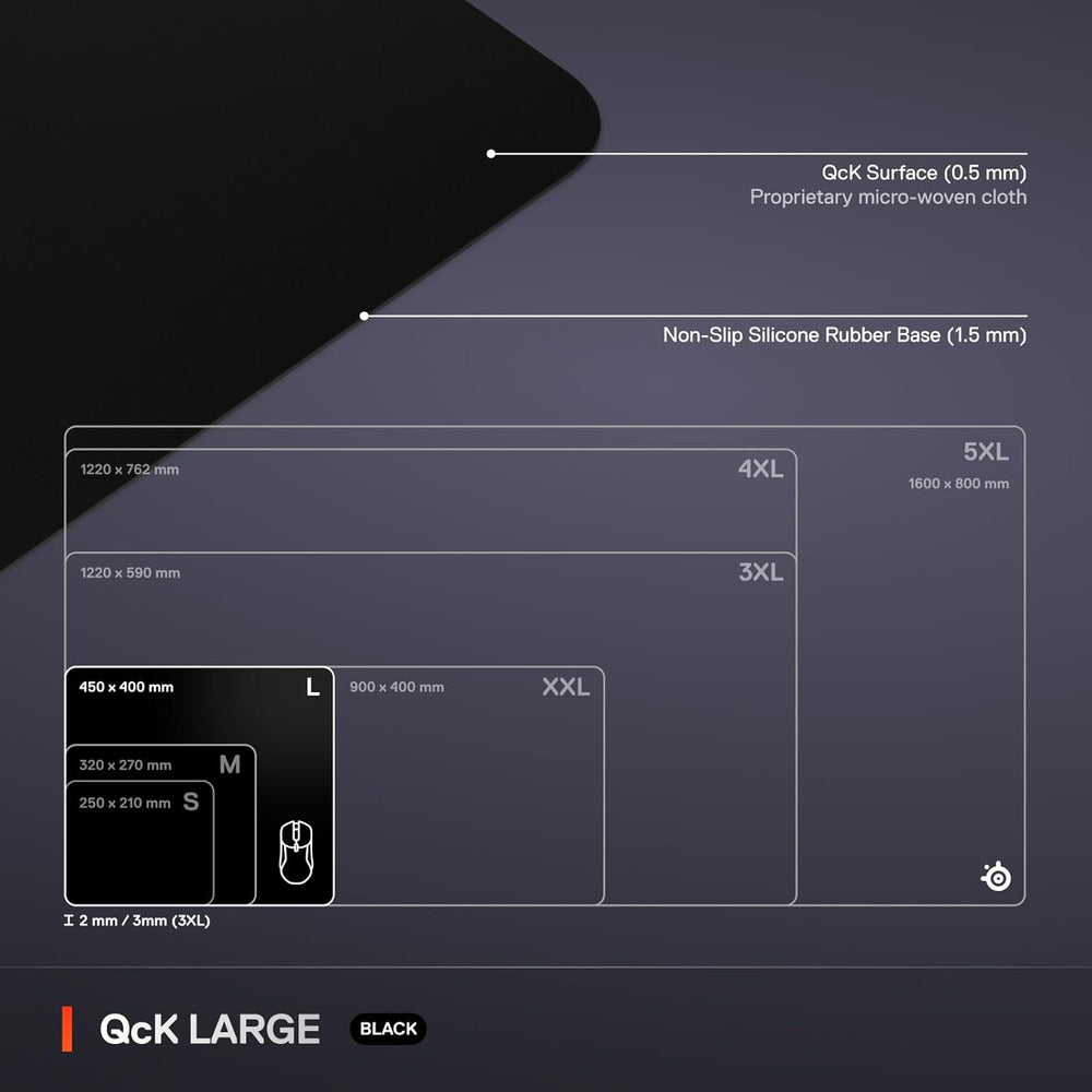 Qck Large Gaming Mousepad — Black — Non-Slip Silicone Rubber Bas 